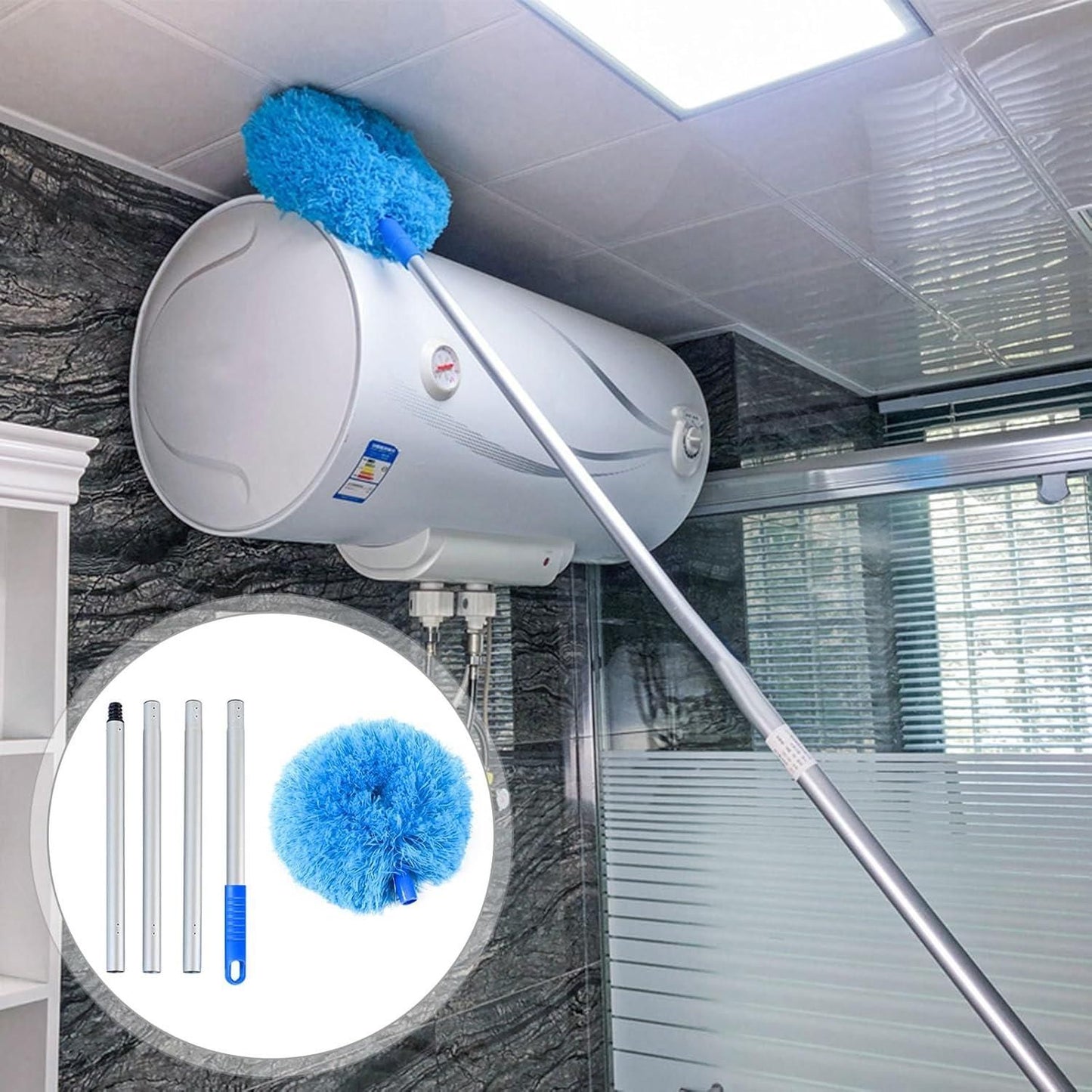 Ceiling Fan Cleaner Duster,Extra Long Dusters with Extension Pole 47 inch for Cleaning, Circle Shape Microfiber Reusable Duster & Flexible Brush, Ceiling Fan Duster for High Ceilings, Furniture (Blue)