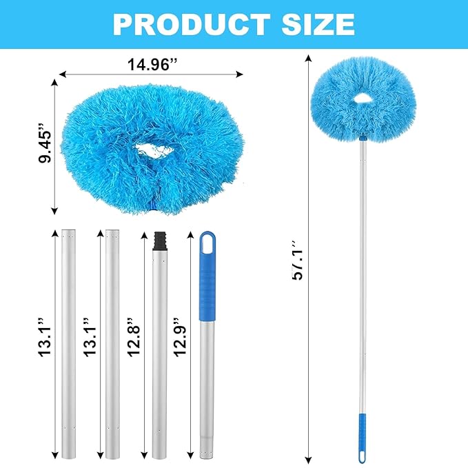 Ceiling Fan Cleaner Duster,Extra Long Dusters with Extension Pole 47 inch for Cleaning, Circle Shape Microfiber Reusable Duster & Flexible Brush, Ceiling Fan Duster for High Ceilings, Furniture (Blue)