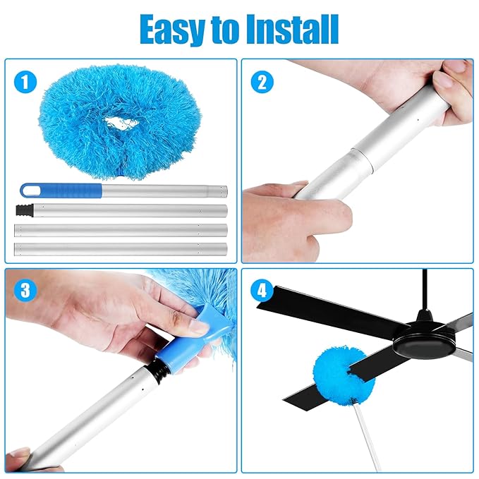 Ceiling Fan Cleaner Duster,Extra Long Dusters with Extension Pole 47 inch for Cleaning, Circle Shape Microfiber Reusable Duster & Flexible Brush, Ceiling Fan Duster for High Ceilings, Furniture (Blue)